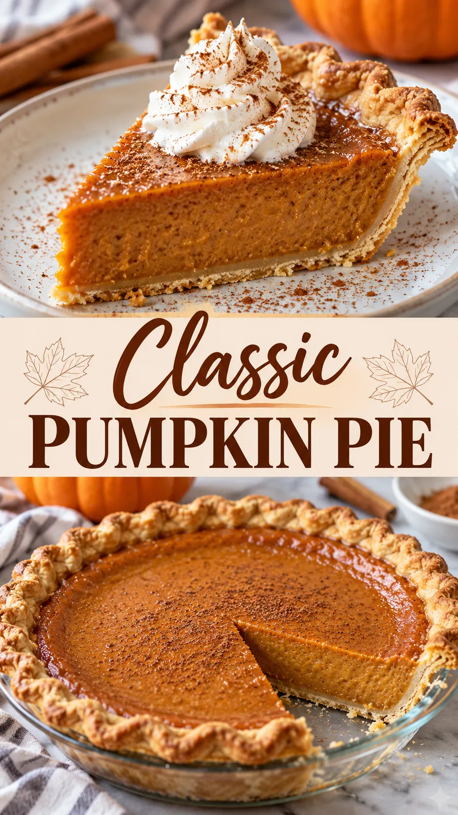 Pinterest image for Classic Pumpkin Pie, with two photos of the recipe