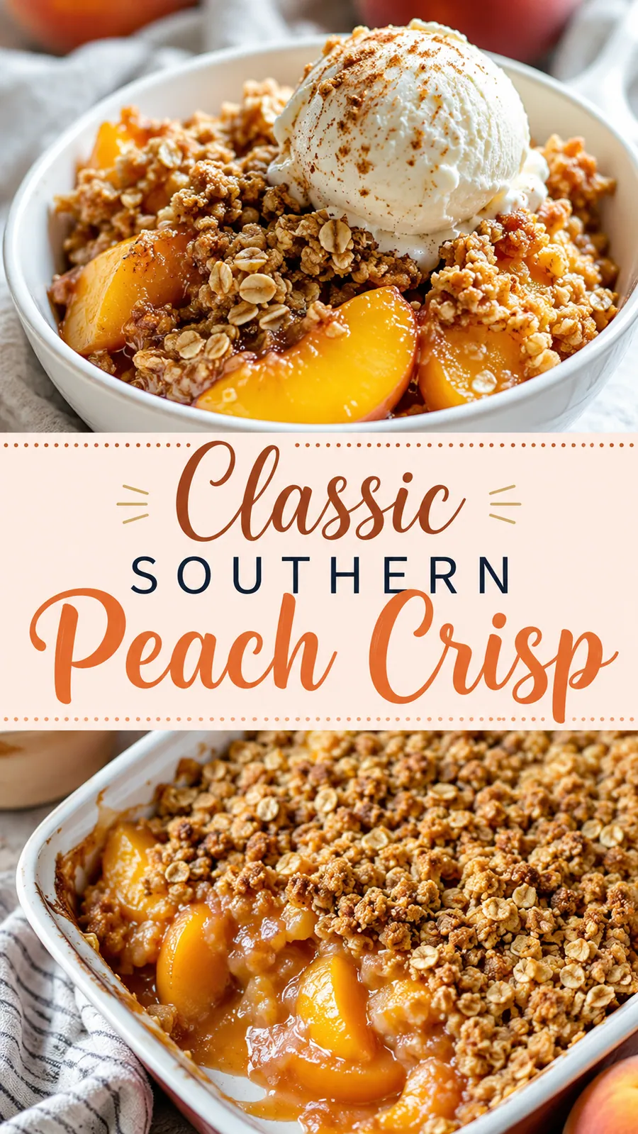 Pinterest image for Classic Southern Peach Crisp, with two photos of the recipe