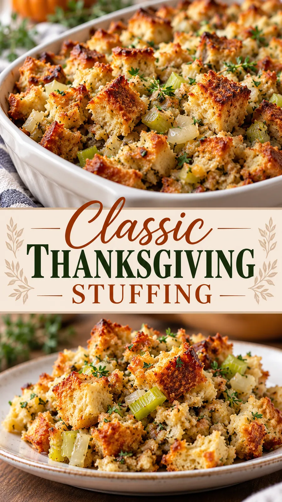 Pinterest image for Classic Thanksgiving Stuffing, with two photos of the recipe