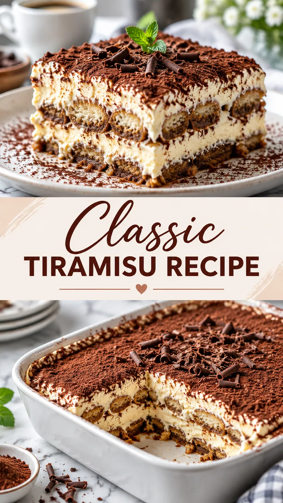 Pinterest image for Classic Tiramisu Recipe, with two photos of the recipe