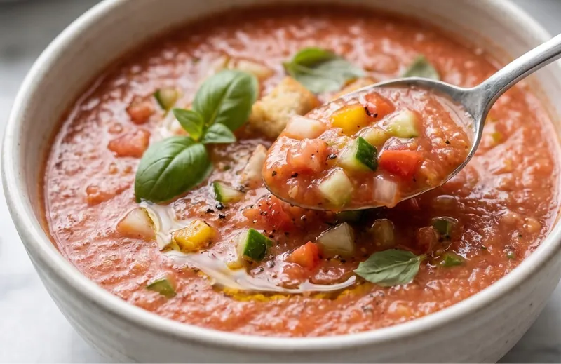 Classic Tomato Gazpacho with Fresh Herbs, ready to serve