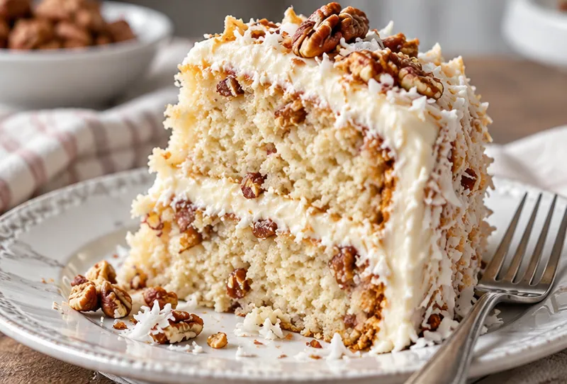 Coconut Cake with Cream Cheese and Pecans, ready to serve