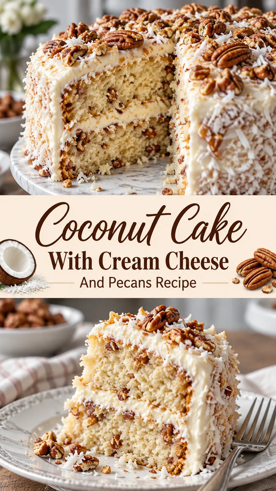 Pinterest image for Coconut Cake With Cream Cheese And Pecans Recipe, with two photos of the recipe
