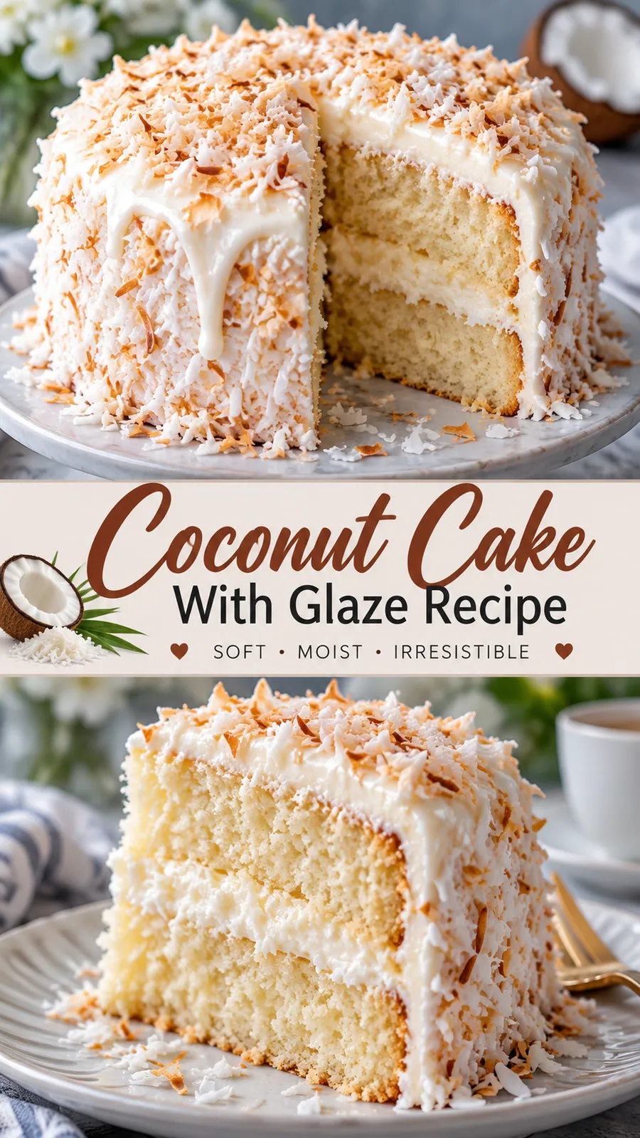 Pinterest image for Coconut Cake With Glaze Recipe, with two photos of the recipe