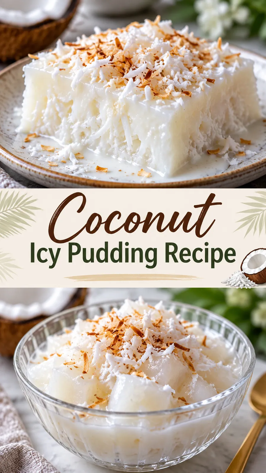 Pinterest image for Coconut Icy Pudding Recipe, with two photos of the recipe