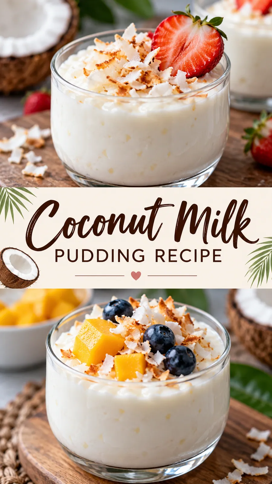 Pinterest image for Coconut Milk Pudding Recipe, with two photos of the recipe