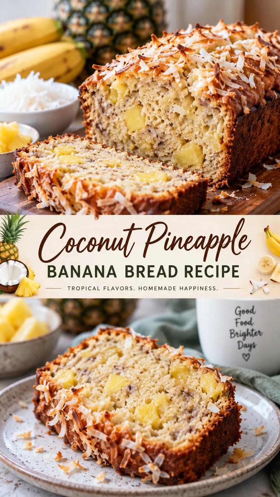Pinterest image for Coconut Pineapple Banana Bread Recipe, with two photos of the recipe