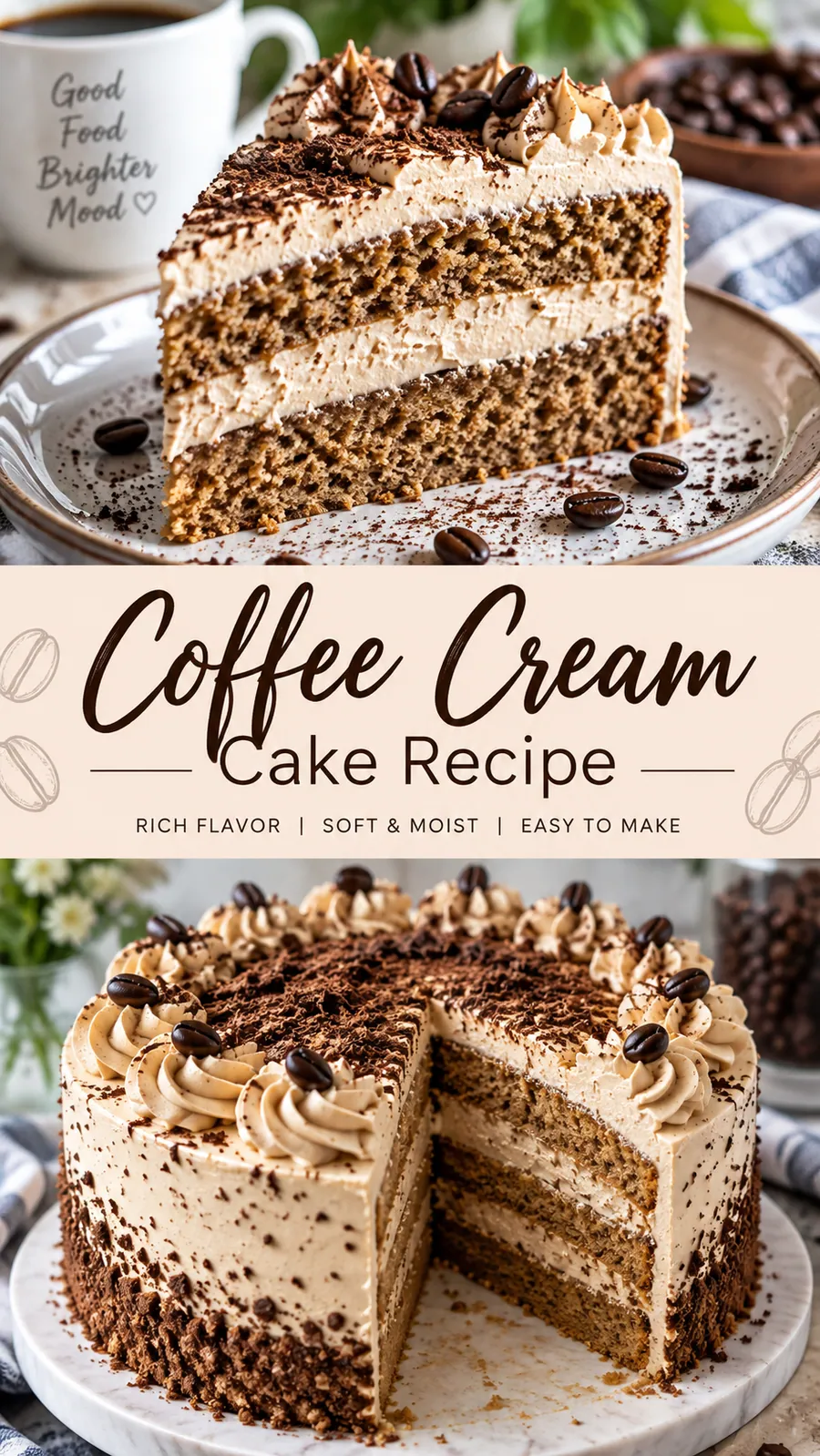 Pinterest image for Coffee Cream Cake Recipe, with two photos of the recipe