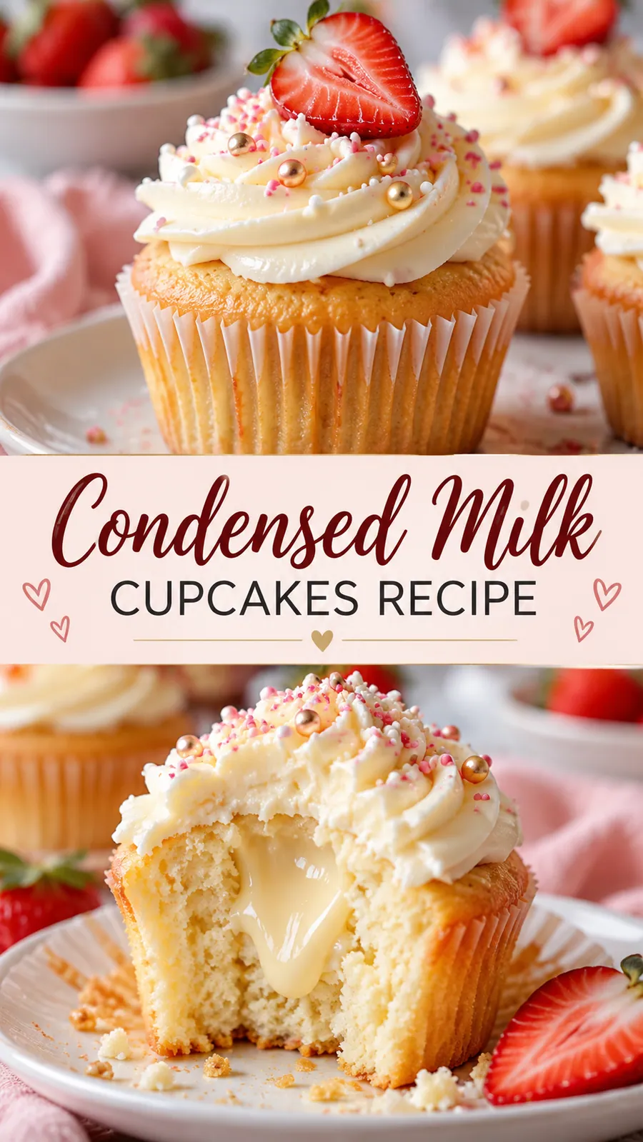 Pinterest image for Condensed Milk Cupcakes Recipe, with two photos of the recipe
