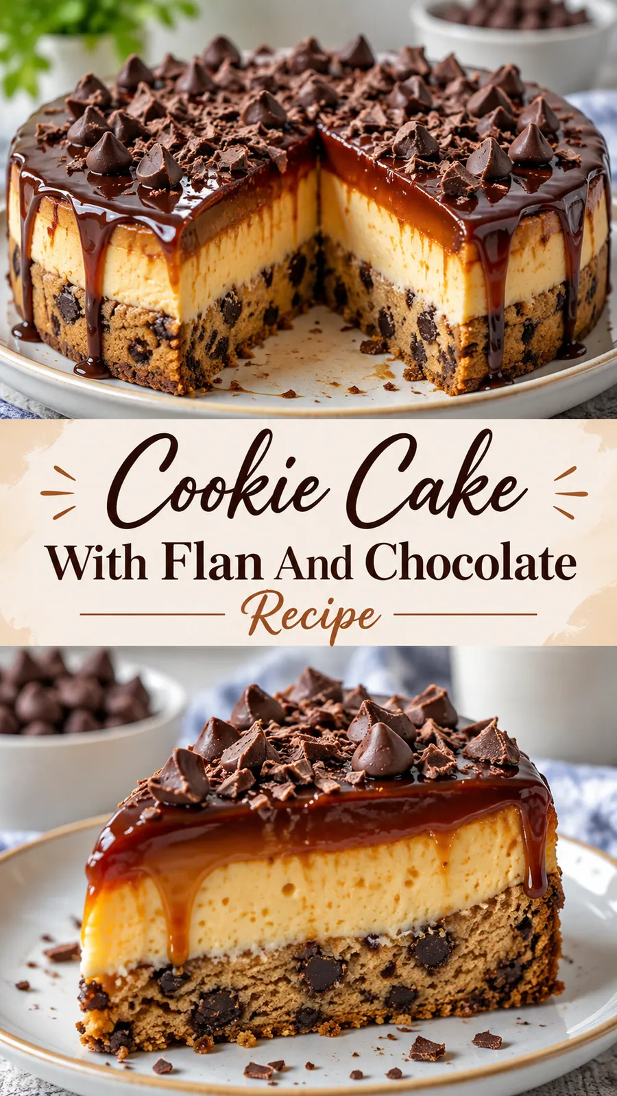 Pinterest image for Cookie Cake With Flan And Chocolate Recipe, with two photos of the recipe
