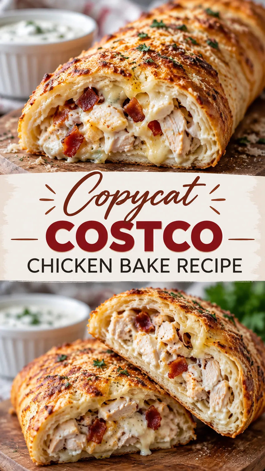 Pinterest image for Copycat Costco Chicken Bake Recipe, with two photos of the recipe