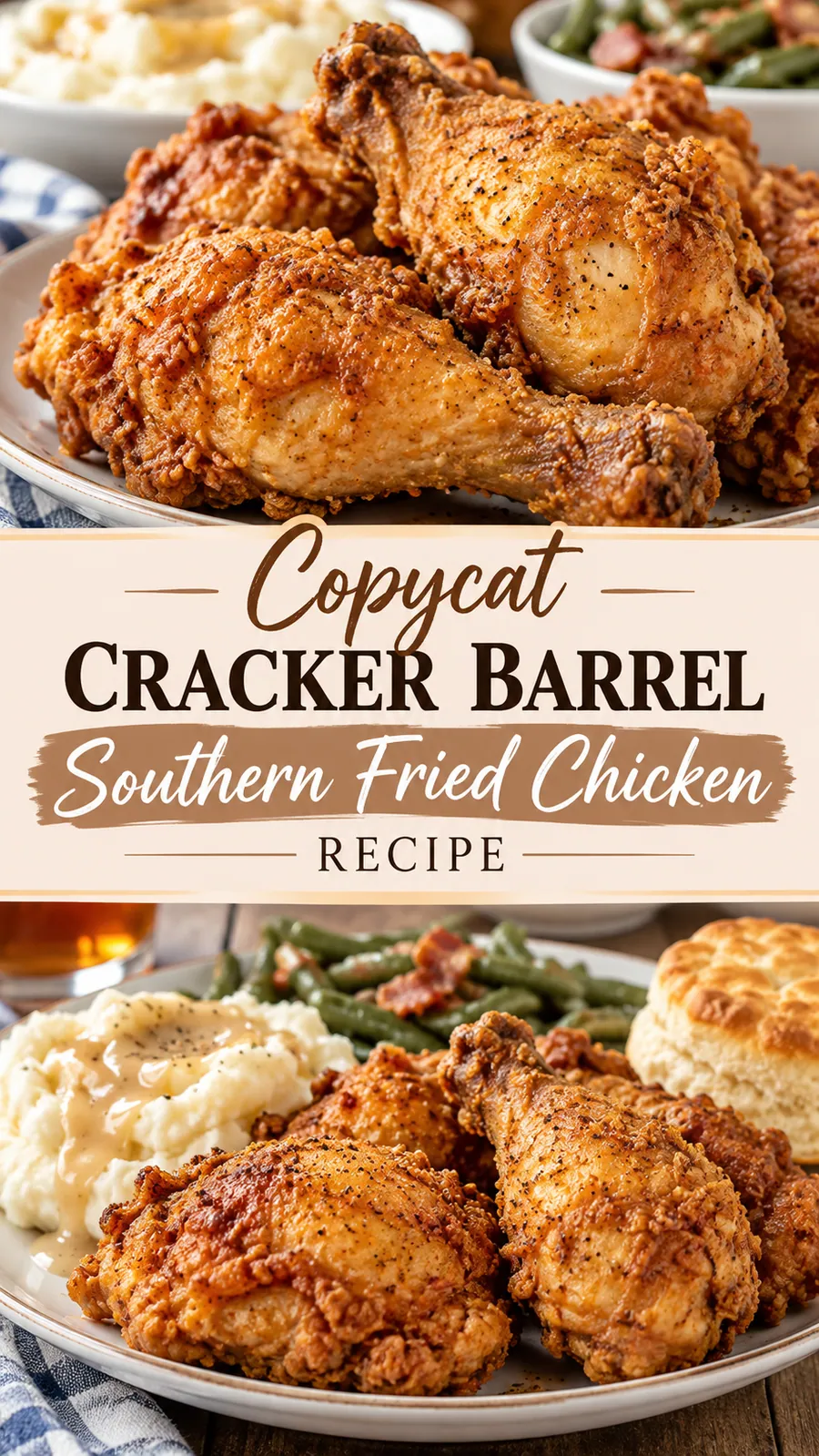 Pinterest image for Copycat Cracker Barrel Southern Fried Chicken Recipe, with two photos of the recipe