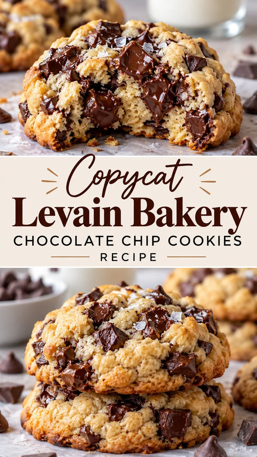 Pinterest image for Copycat Levain Bakery Chocolate Chip Cookies Recipe, with two photos of the recipe
