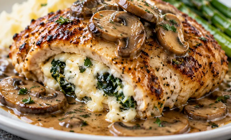 Copycat Olive Garden Stuffed Chicken Marsala, ready to serve