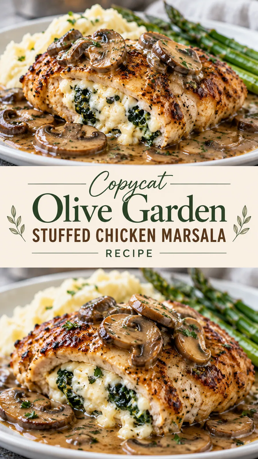 Pinterest image for Copycat Olive Garden Stuffed Chicken Marsala Recipe, with two photos of the recipe