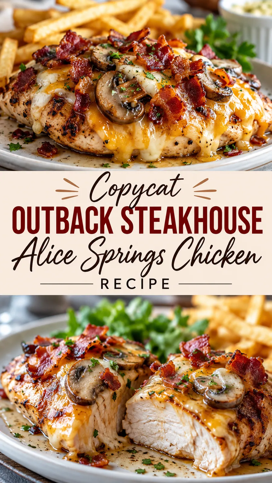 Pinterest image for Copycat Outback Steakhouse Alice Springs Chicken Recipe, with two photos of the recipe