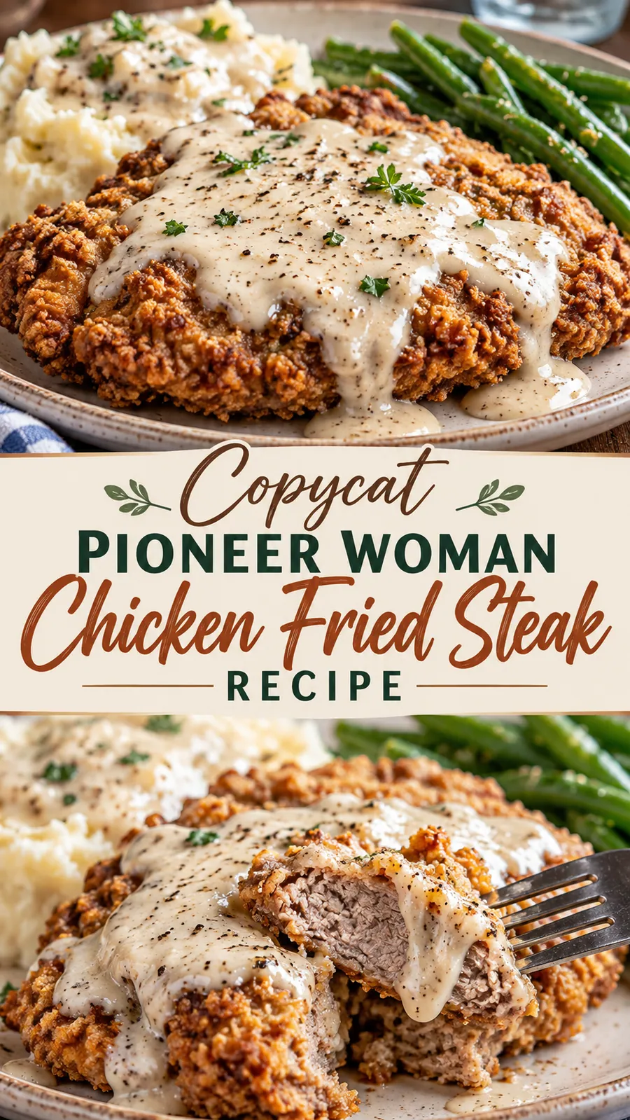 Pinterest image for Copycat Pioneer Woman Chicken Fried Steak Recipe, with two photos of the recipe
