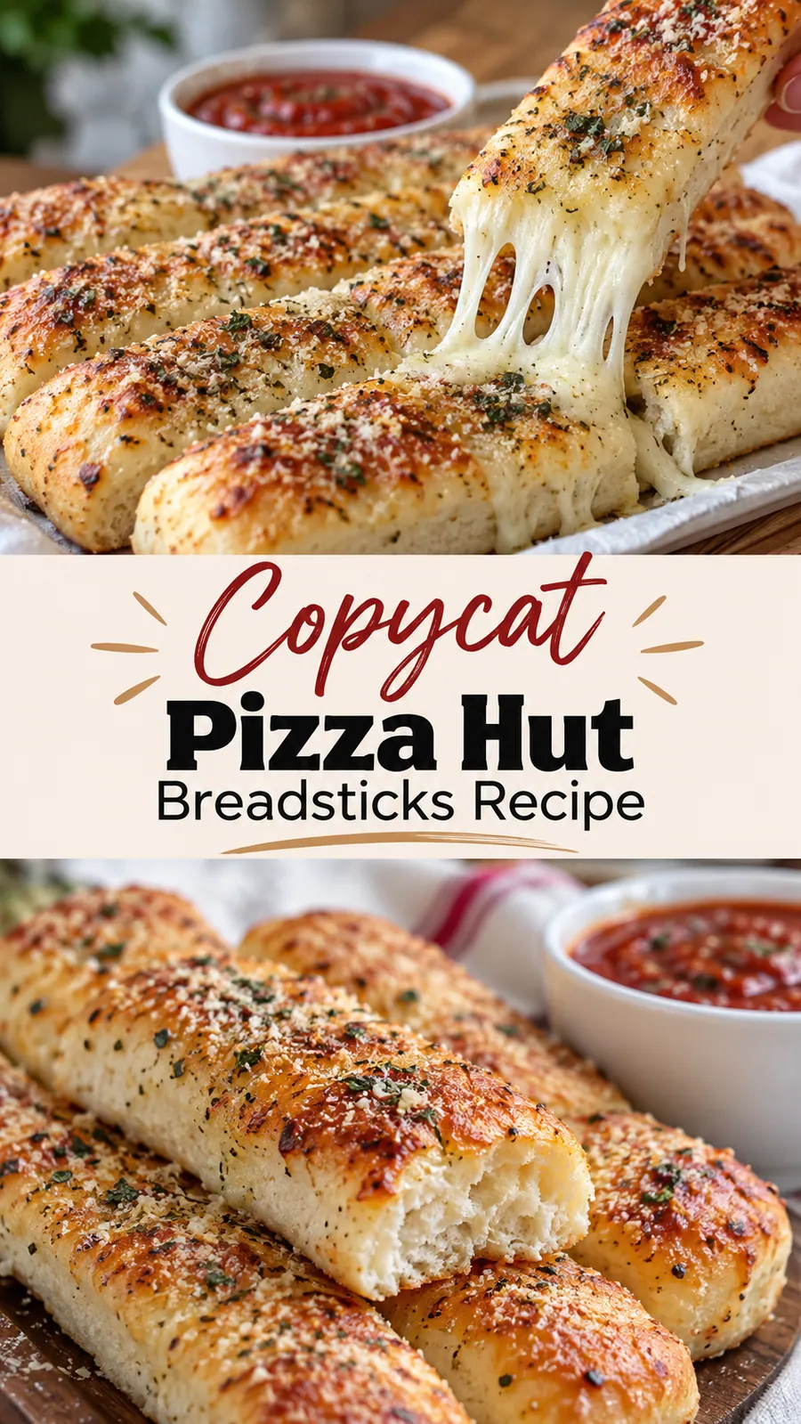 Pinterest image for Copycat Pizza Hut Breadsticks Recipe, with two photos of the recipe
