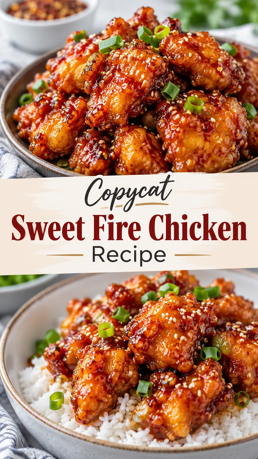 Pinterest image for Copycat Sweet Fire Chicken Recipe, with two photos of the recipe