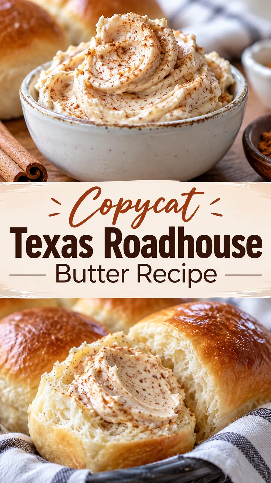 Pinterest image for Copycat Texas Roadhouse Butter Recipe, with two photos of the recipe
