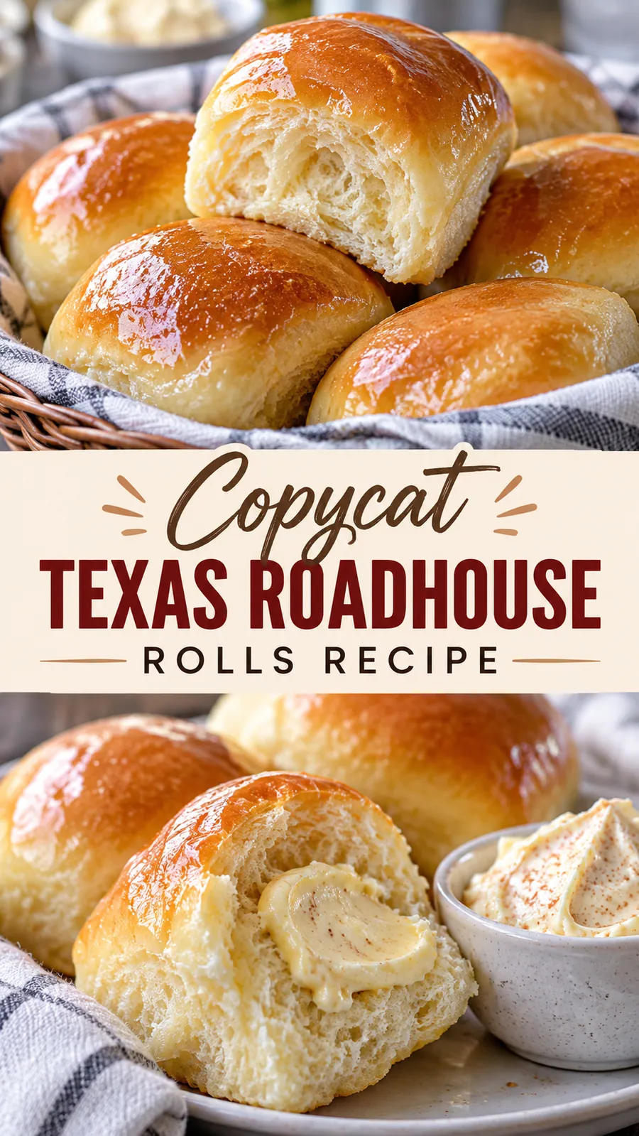 Pinterest image for Copycat Texas Roadhouse Rolls Recipe, with two photos of the recipe