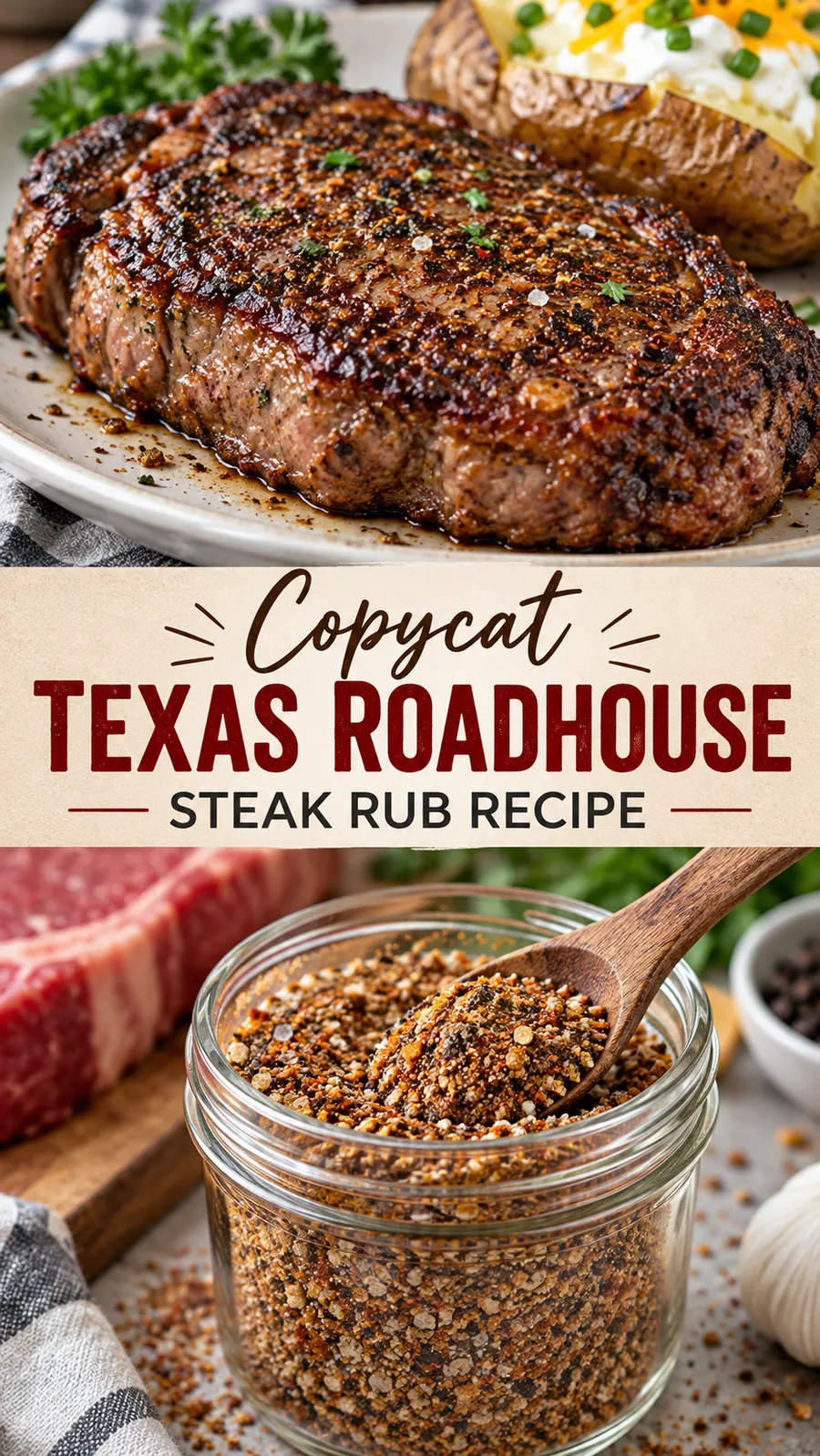 Pinterest image for Copycat Texas Roadhouse Steak Rub Recipe, with two photos of the recipe