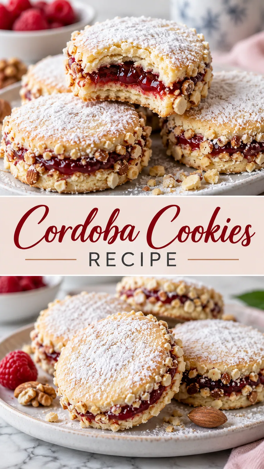 Pinterest image for Cordoba Cookies Recipe, with two photos of the recipe