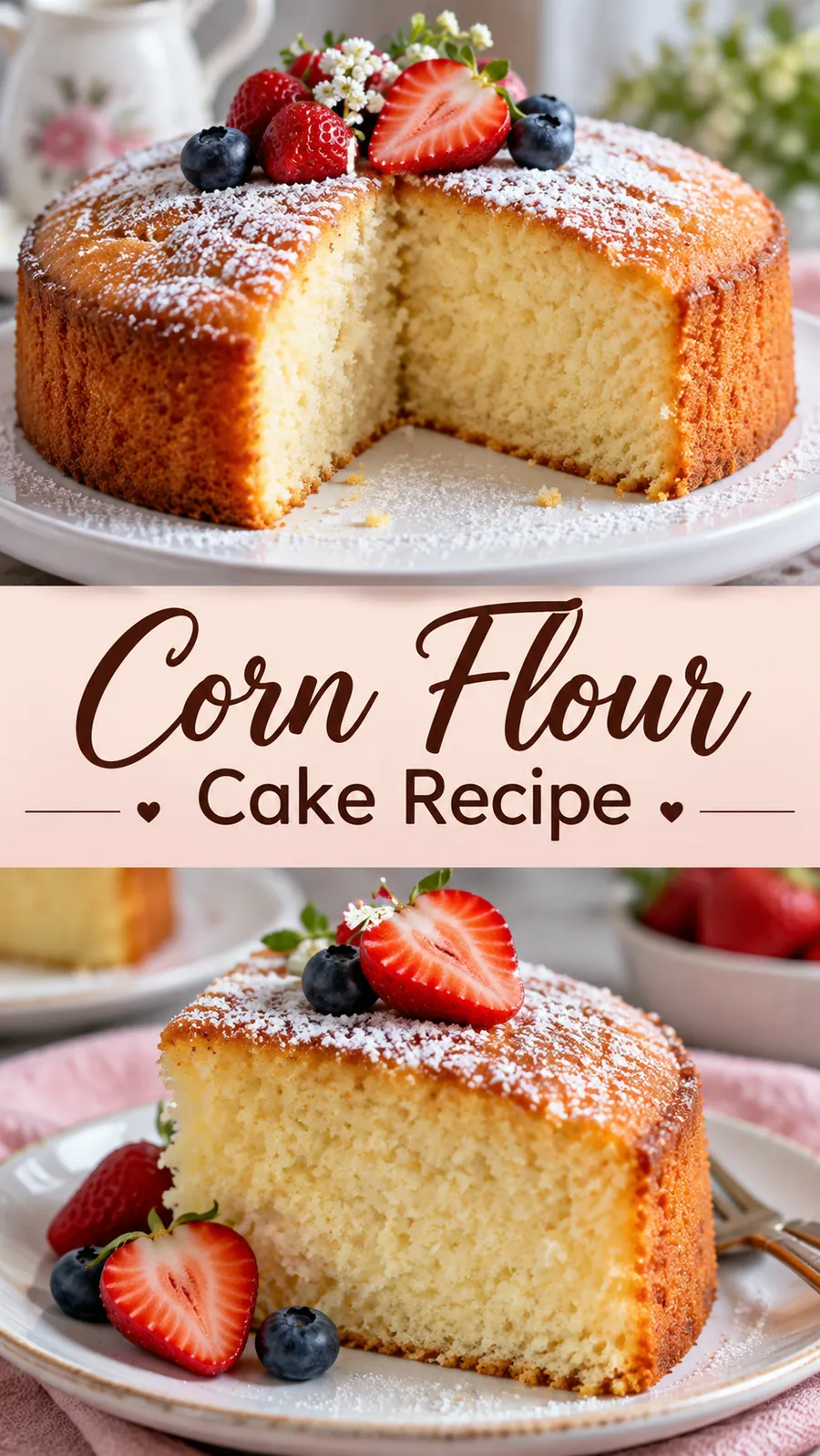 Pinterest image for Corn Flour Cake Recipe, with two photos of the recipe