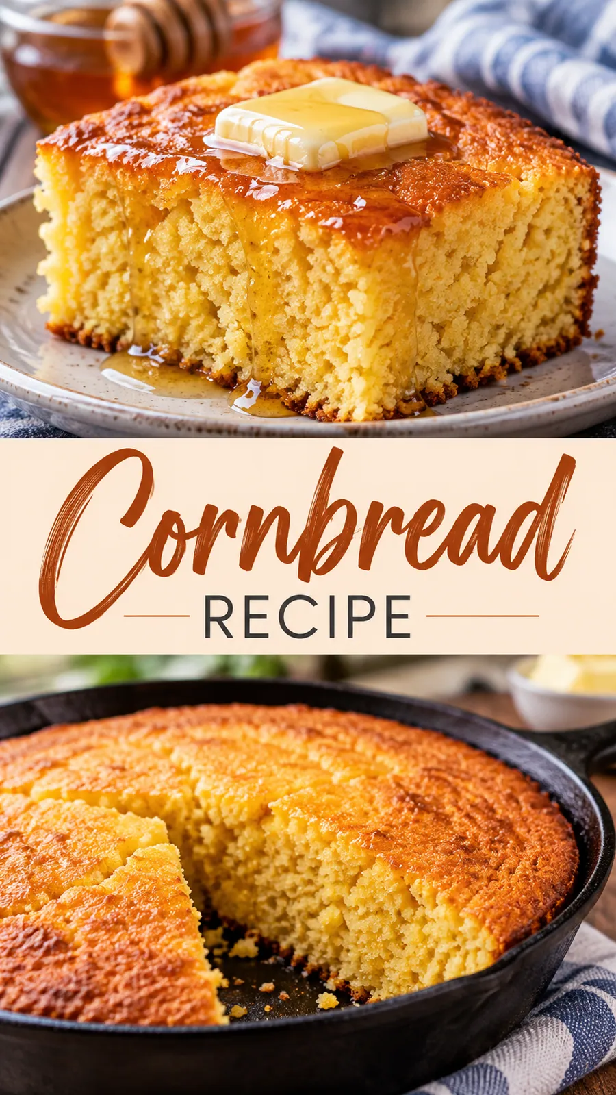 Pinterest image for Cornbread Recipe, with two photos of the recipe