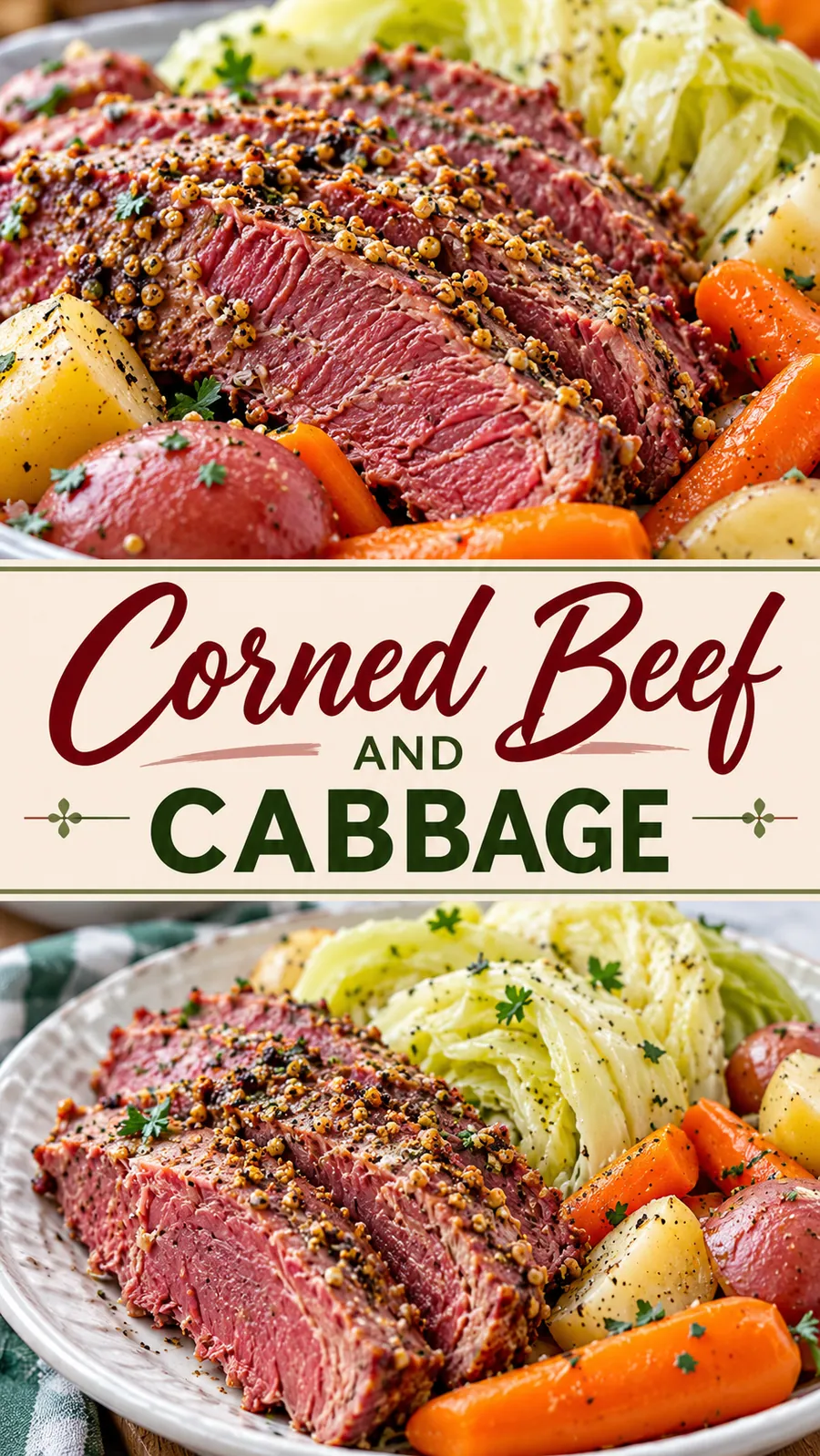 Pinterest image for Corned Beef and Cabbage, with two photos of the recipe