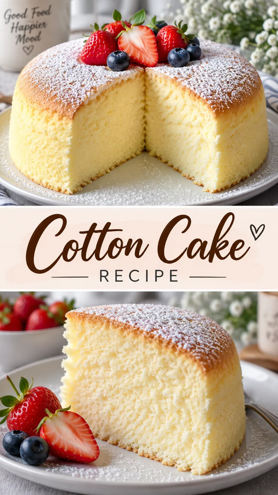 Pinterest image for Cotton Cake Recipe, with two photos of the recipe