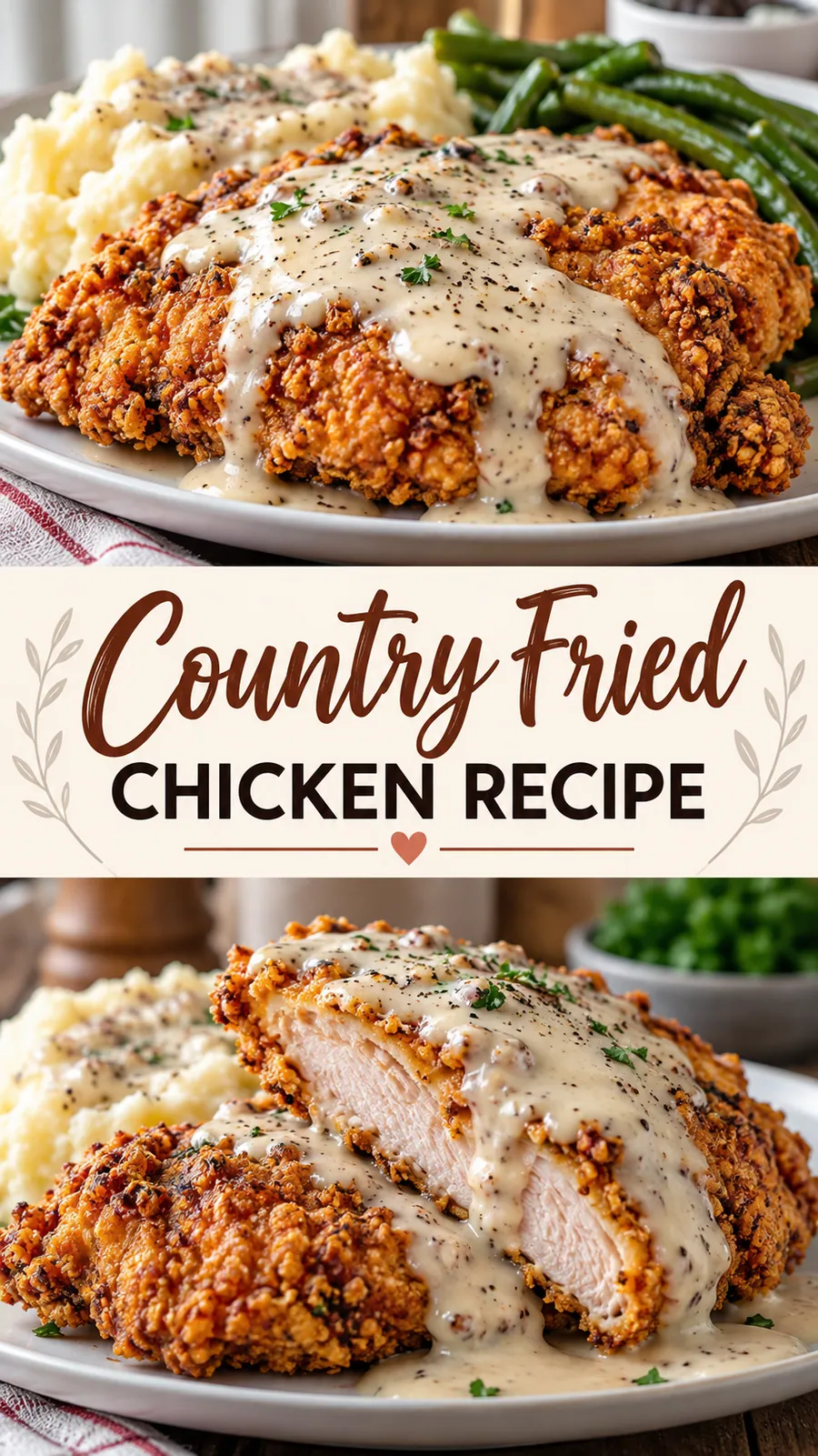 Pinterest image for Country Fried Chicken Recipe, with two photos of the recipe