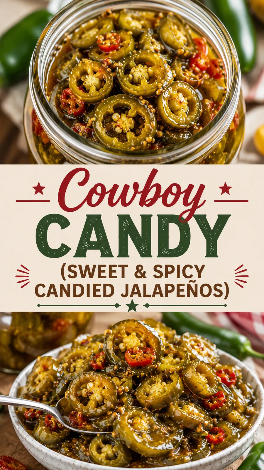 Pinterest image for Cowboy Candy (Sweet & Spicy Candied Jalapeños), with two photos of the recipe