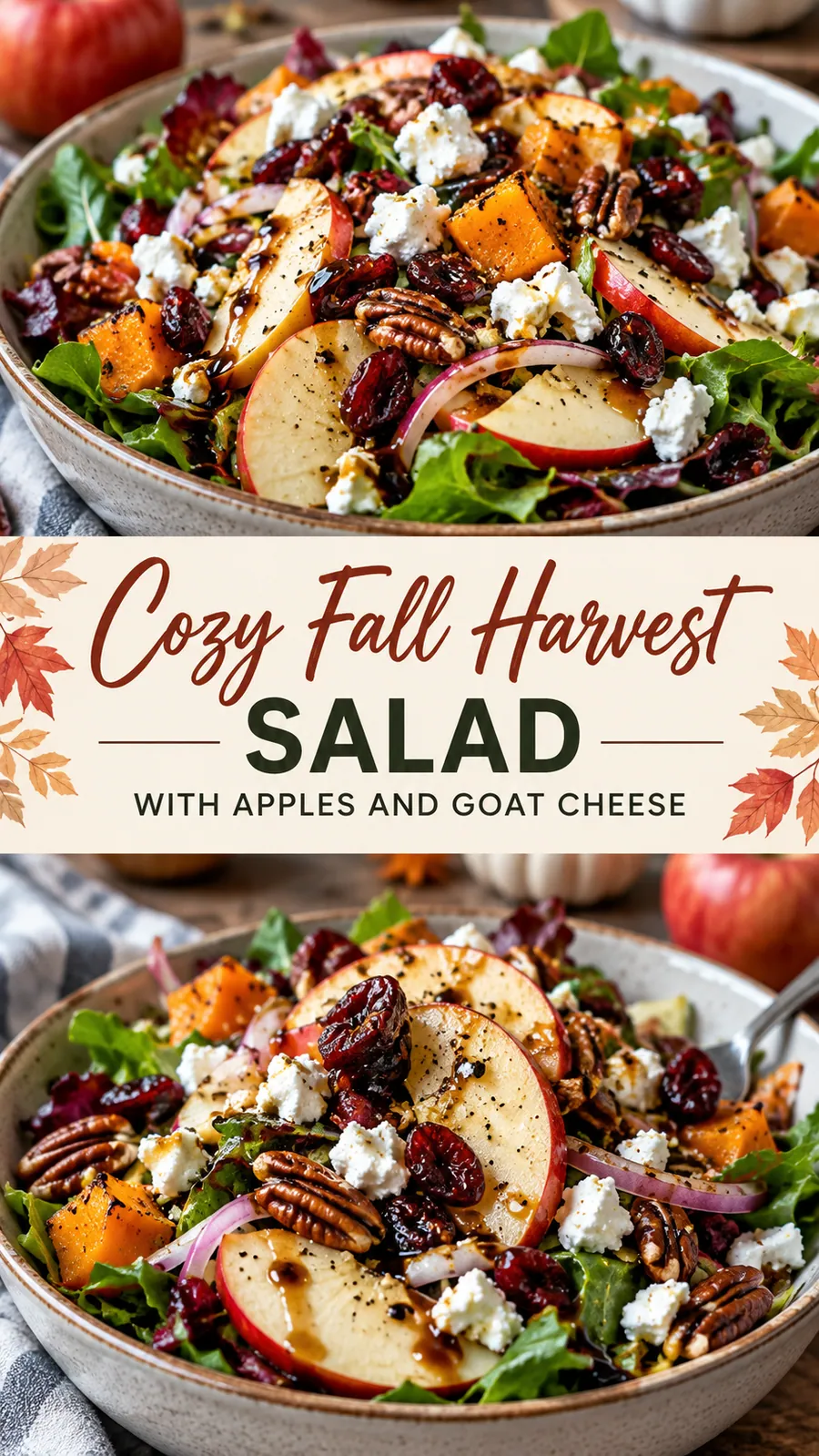 Pinterest image for Cozy Fall Harvest Salad with Apples and Goat Cheese, with two photos of the recipe