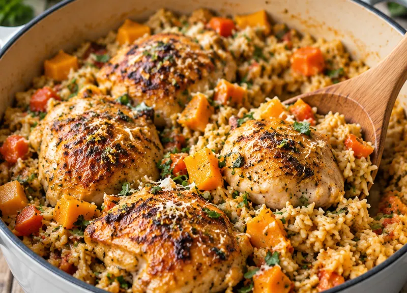 Cozy One-Pot Fall Chicken and Rice Dinner, ready to serve