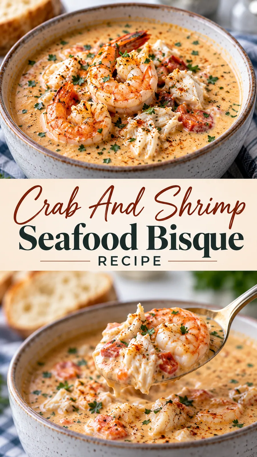 Pinterest image for Crab And Shrimp Seafood Bisque Recipe, with two photos of the recipe