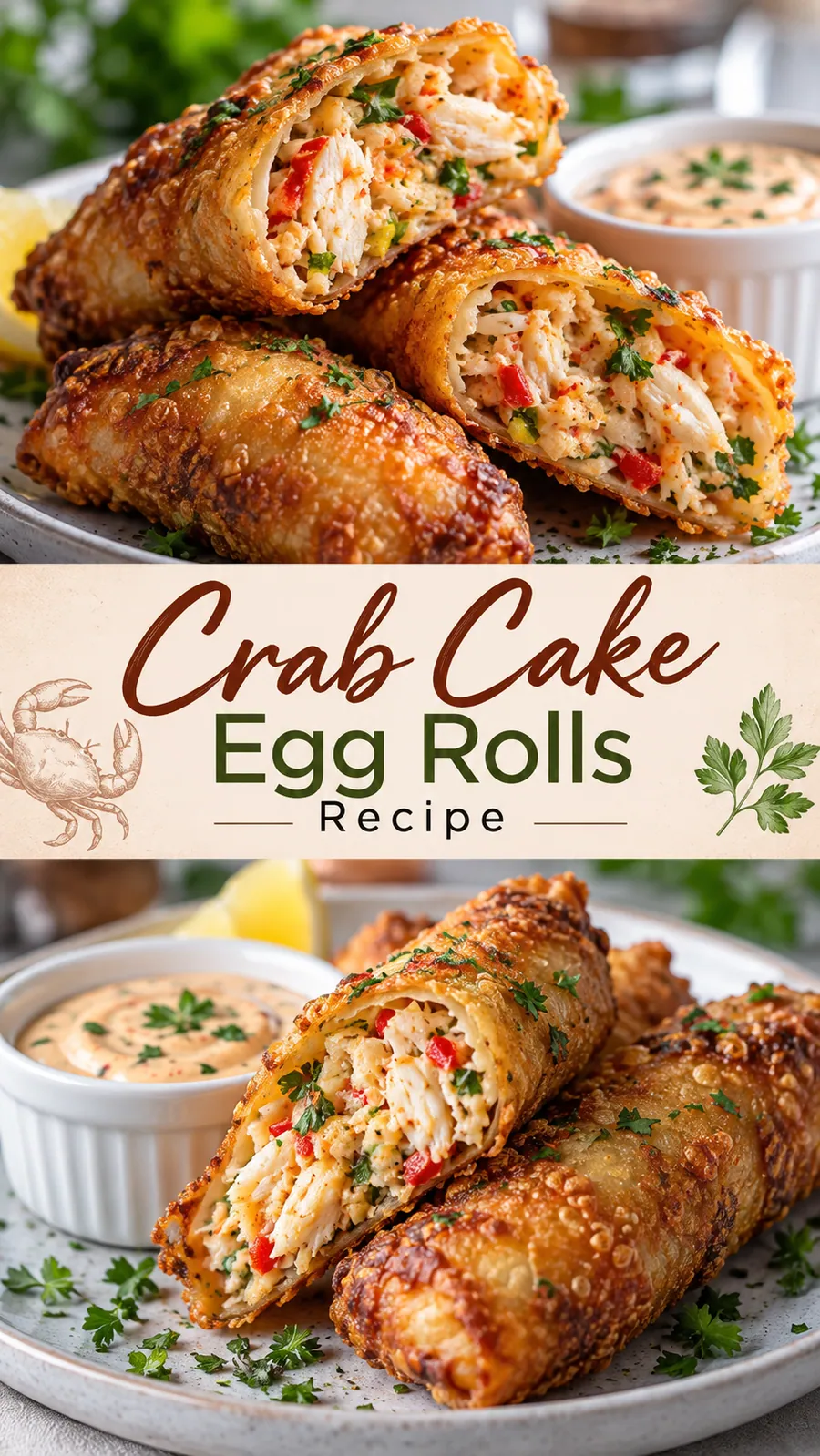 Pinterest image for Crab Cake Egg Rolls Recipe, with two photos of the recipe