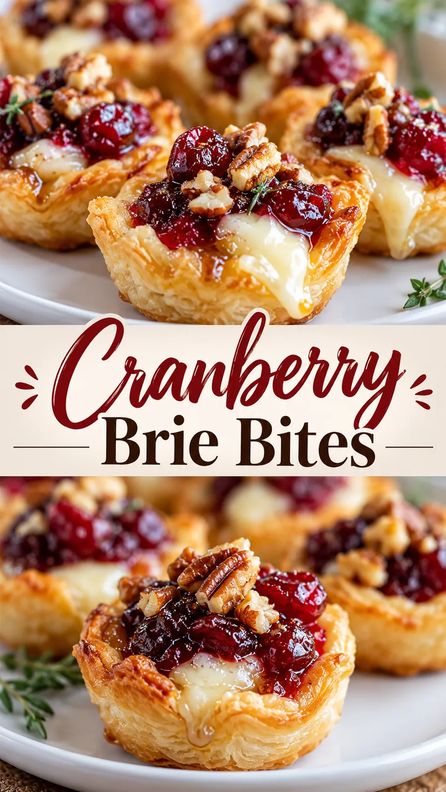 Pinterest image for Cranberry Brie Bites, with two photos of the recipe