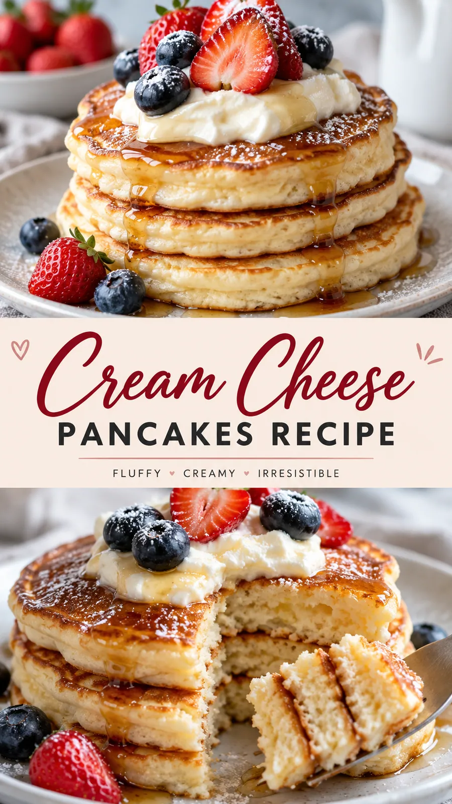 Pinterest image for Cream Cheese Pancakes Recipe, with two photos of the recipe
