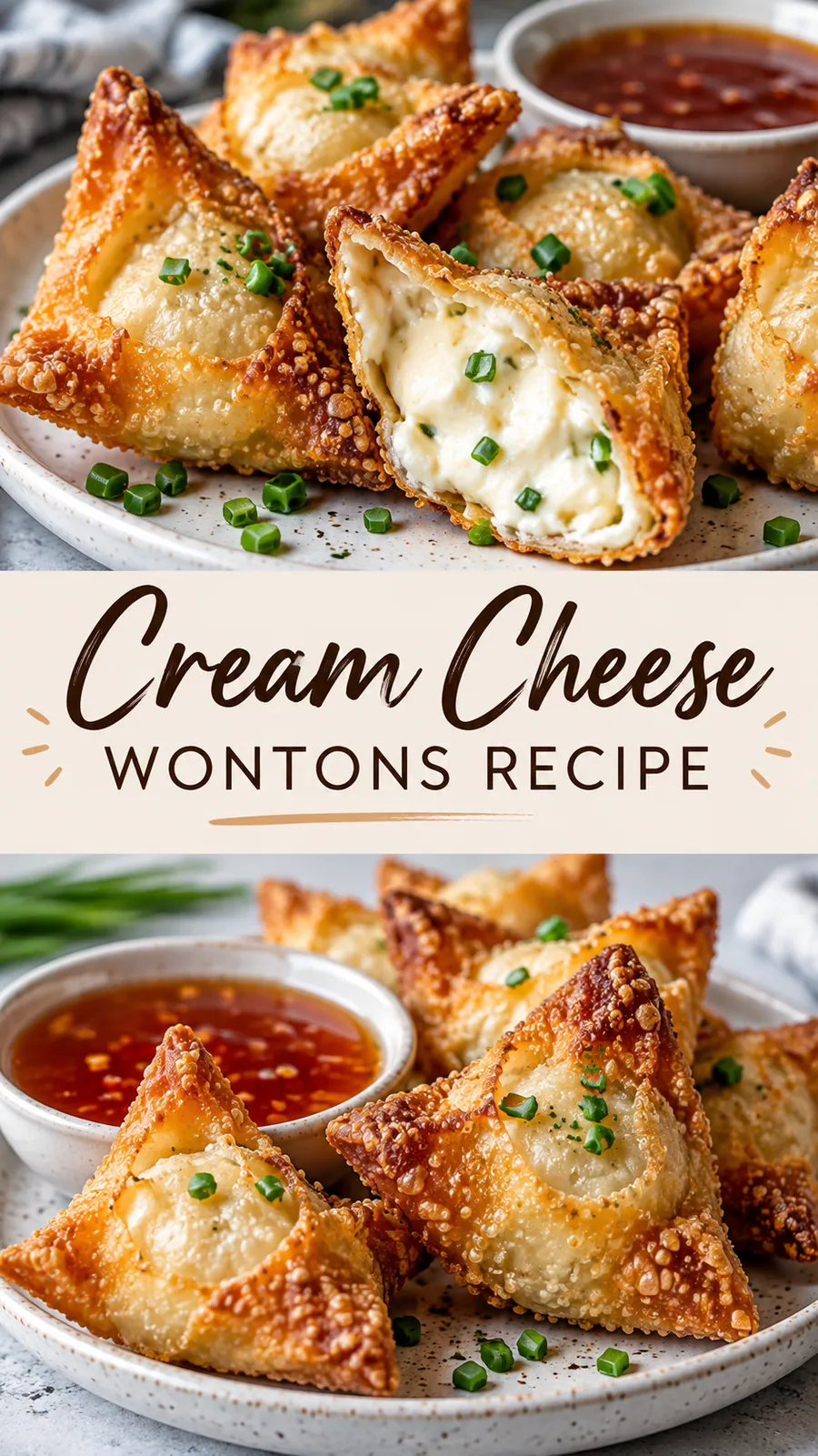 Pinterest image for Cream Cheese Wontons Recipe, with two photos of the recipe