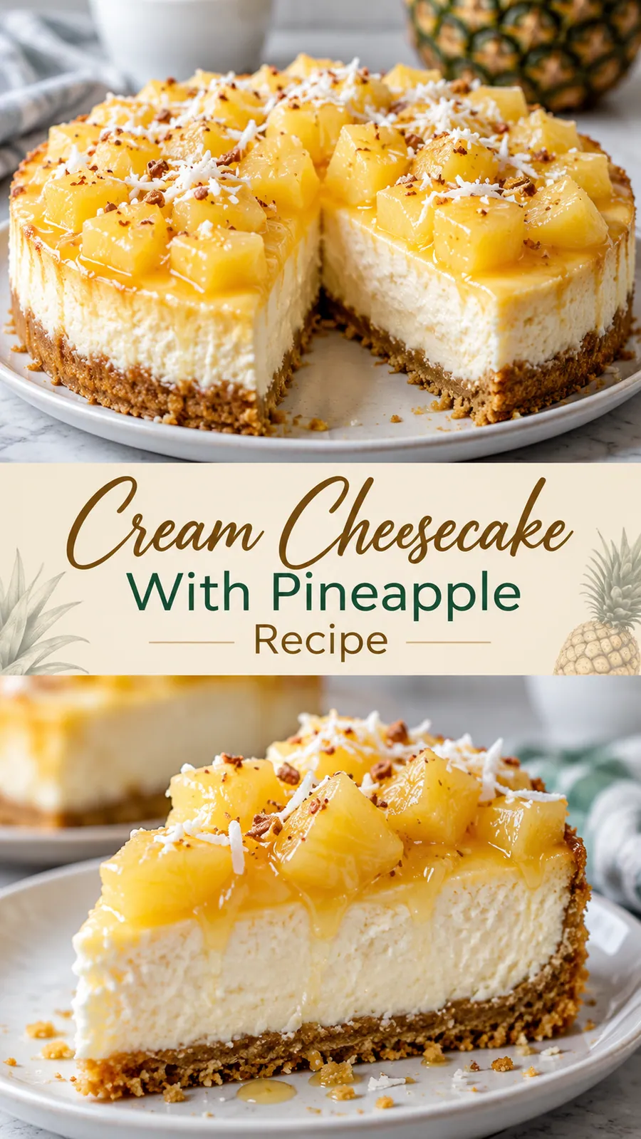 Pinterest image for Cream Cheesecake With Pineapple Recipe, with two photos of the recipe