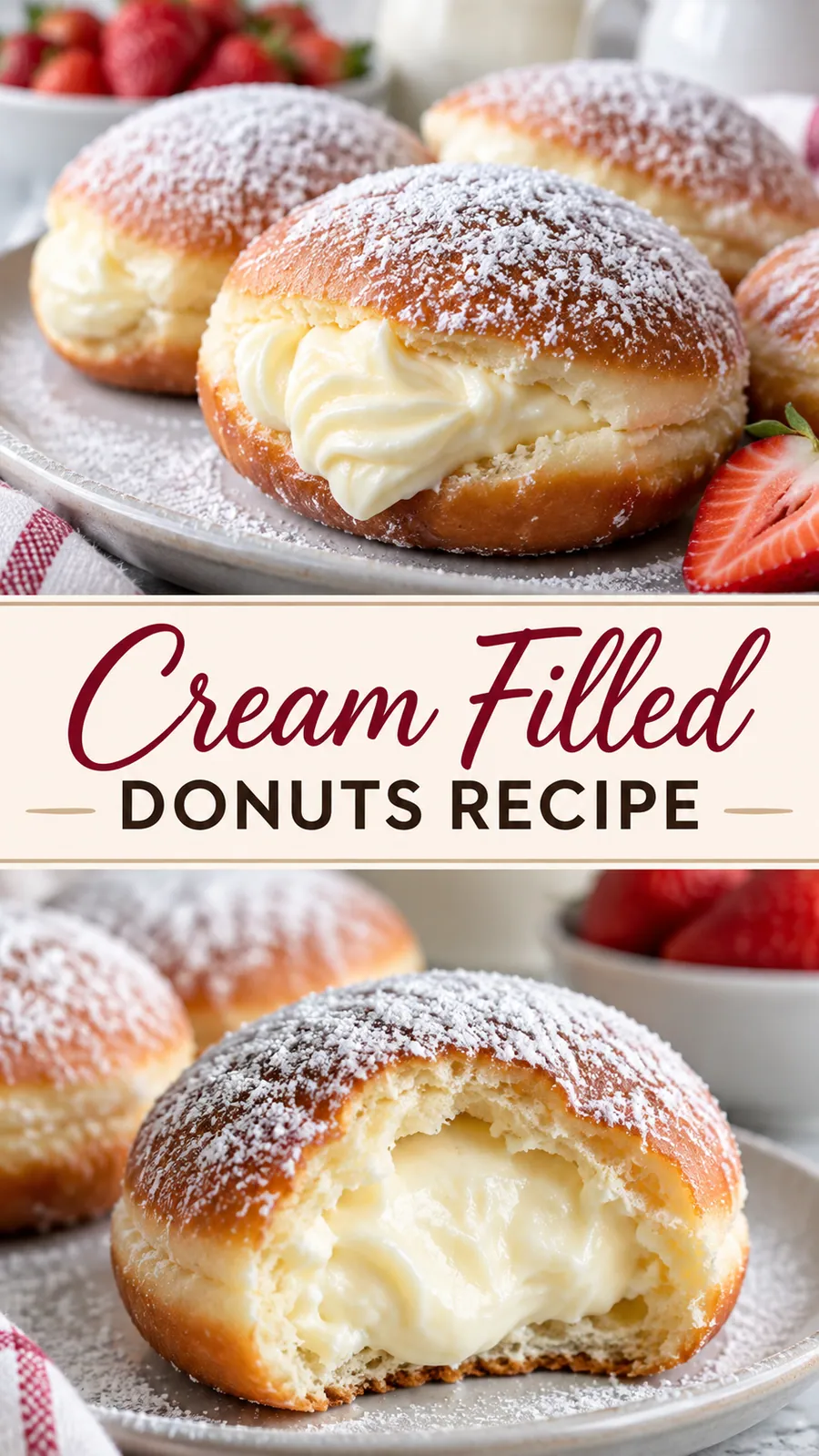 Pinterest image for Cream Filled Donuts Recipe, with two photos of the recipe