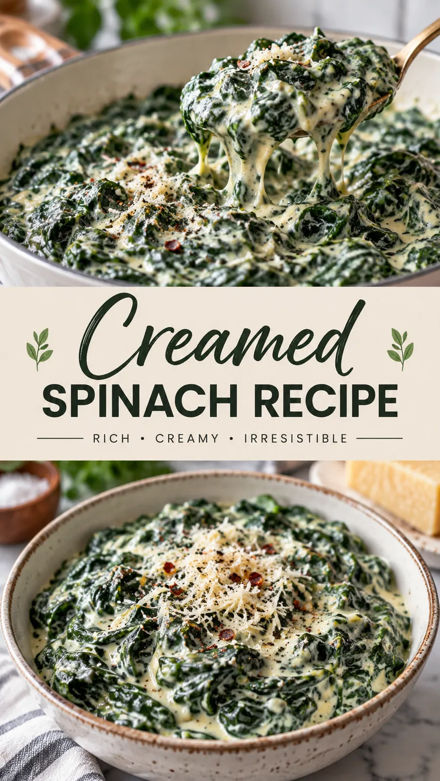 Pinterest image for Creamed Spinach Recipe, with two photos of the recipe