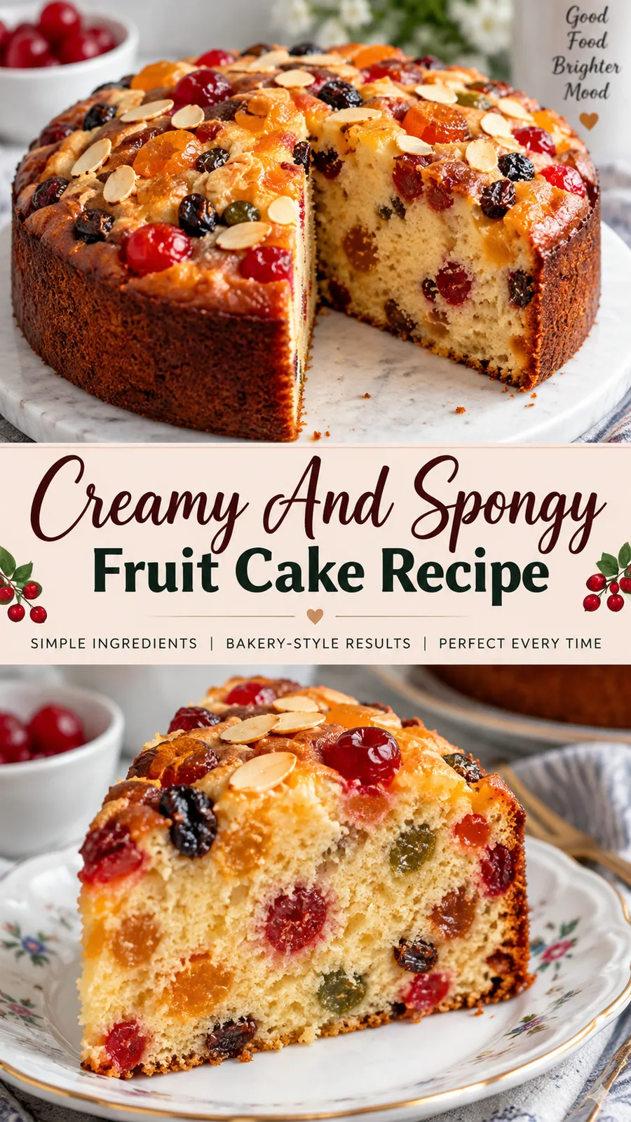 Pinterest image for Creamy And Spongy Fruit Cake Recipe, with two photos of the recipe