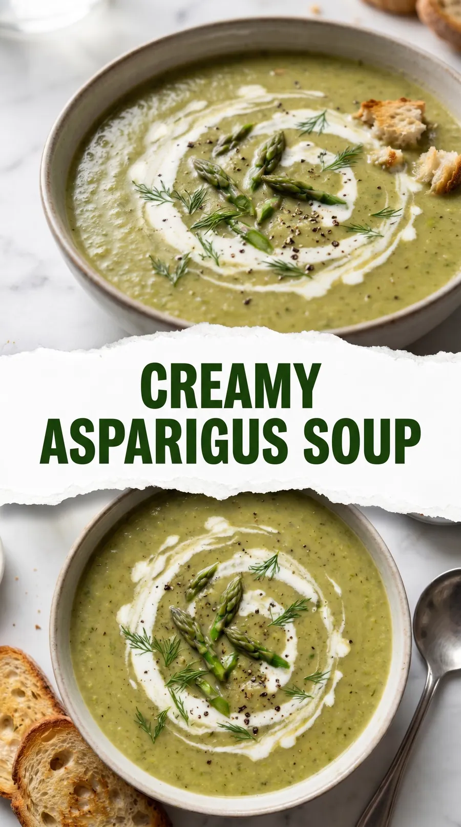 Pinterest image for Creamy Asparagus Soup Recipe, with two photos of the recipe