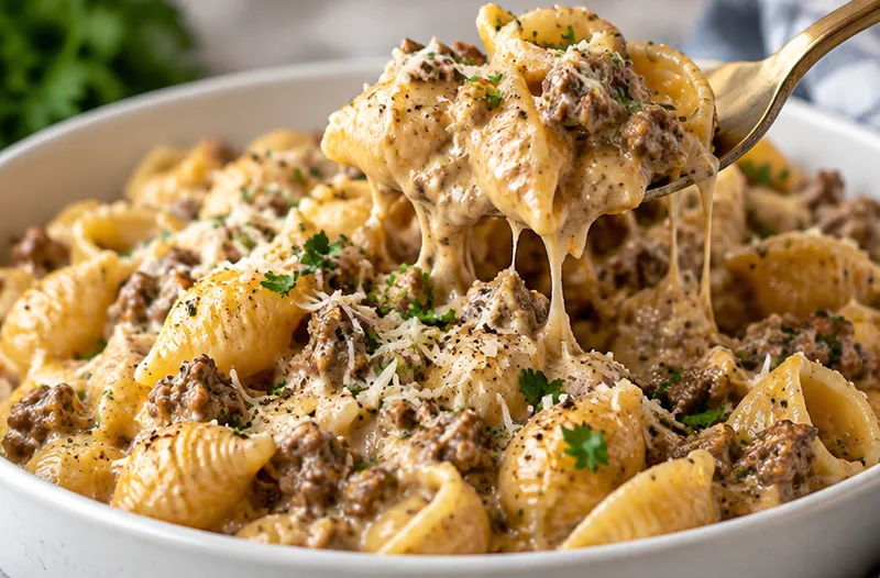 Creamy Beef and Shells Recipe, ready to serve