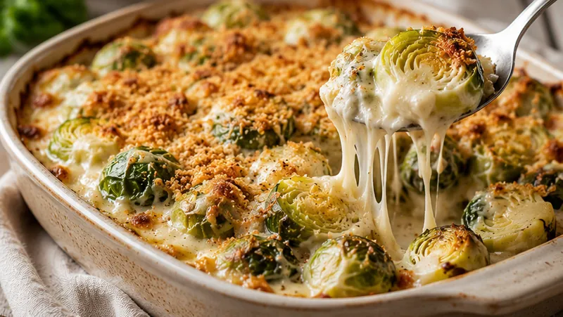 Creamy Brussels Sprouts Gratin, ready to serve