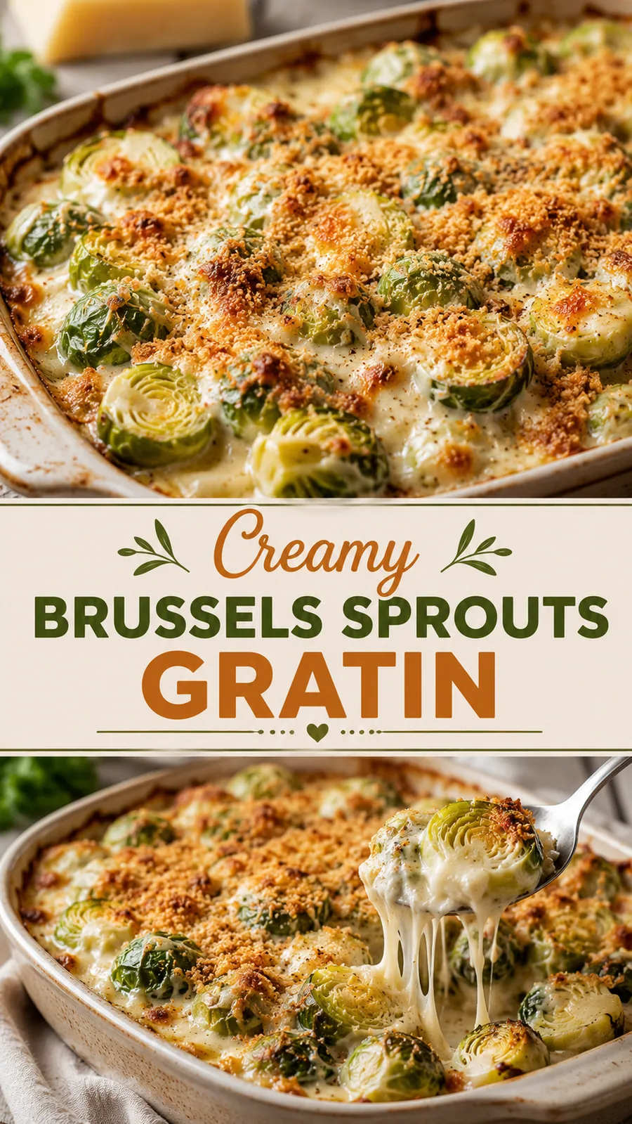 Pinterest image for Creamy Brussels Sprouts Gratin, with two photos of the recipe
