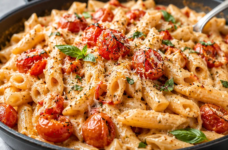 Creamy Burst Cherry Tomato Pasta (20-Minute Dinner), ready to serve