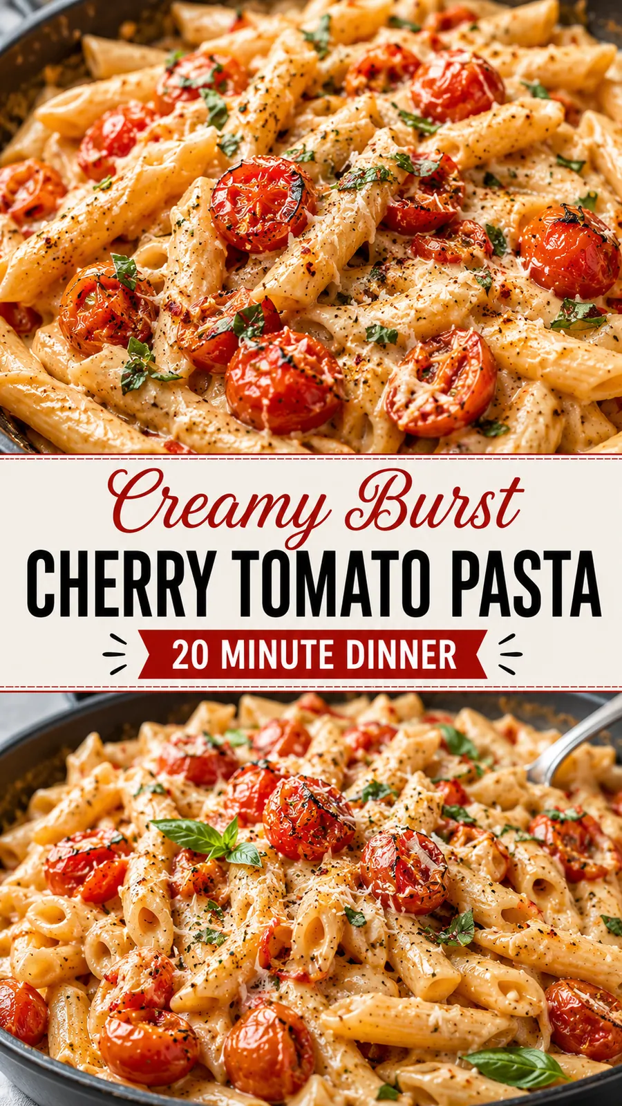 Pinterest image for Creamy Burst Cherry Tomato Pasta 20 Minute Dinner, with two photos of the recipe